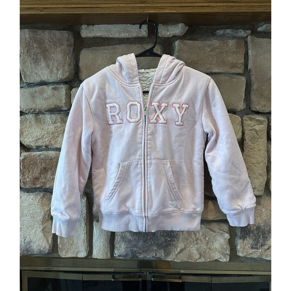 Roxy Girls Sherpa Faux Fur Lined Zip Up Hoodie Jacket Pink Embroidered Sz M Y2K
